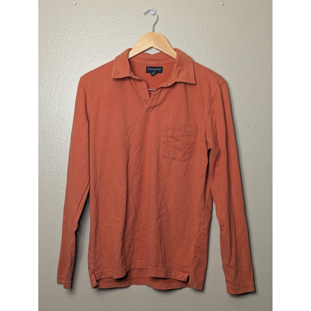 Banana Republic Polo Shirt Mens M Orange Long Sleeve V-Neck Cotton Chest Pocket